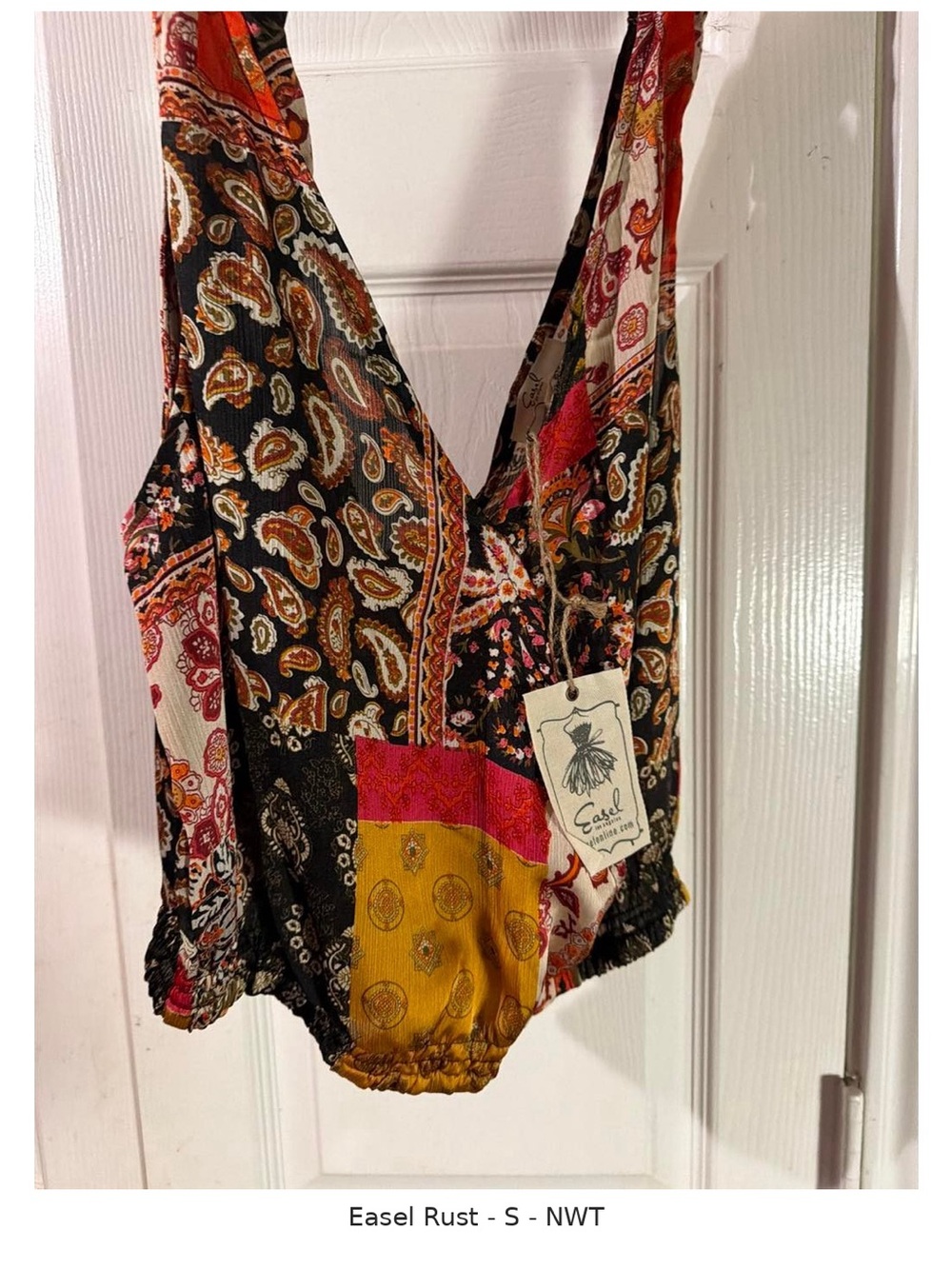 easel Multicolor Patchwork Paisley V-Neck Camisole (Rust, Black, Mustard, Pink)